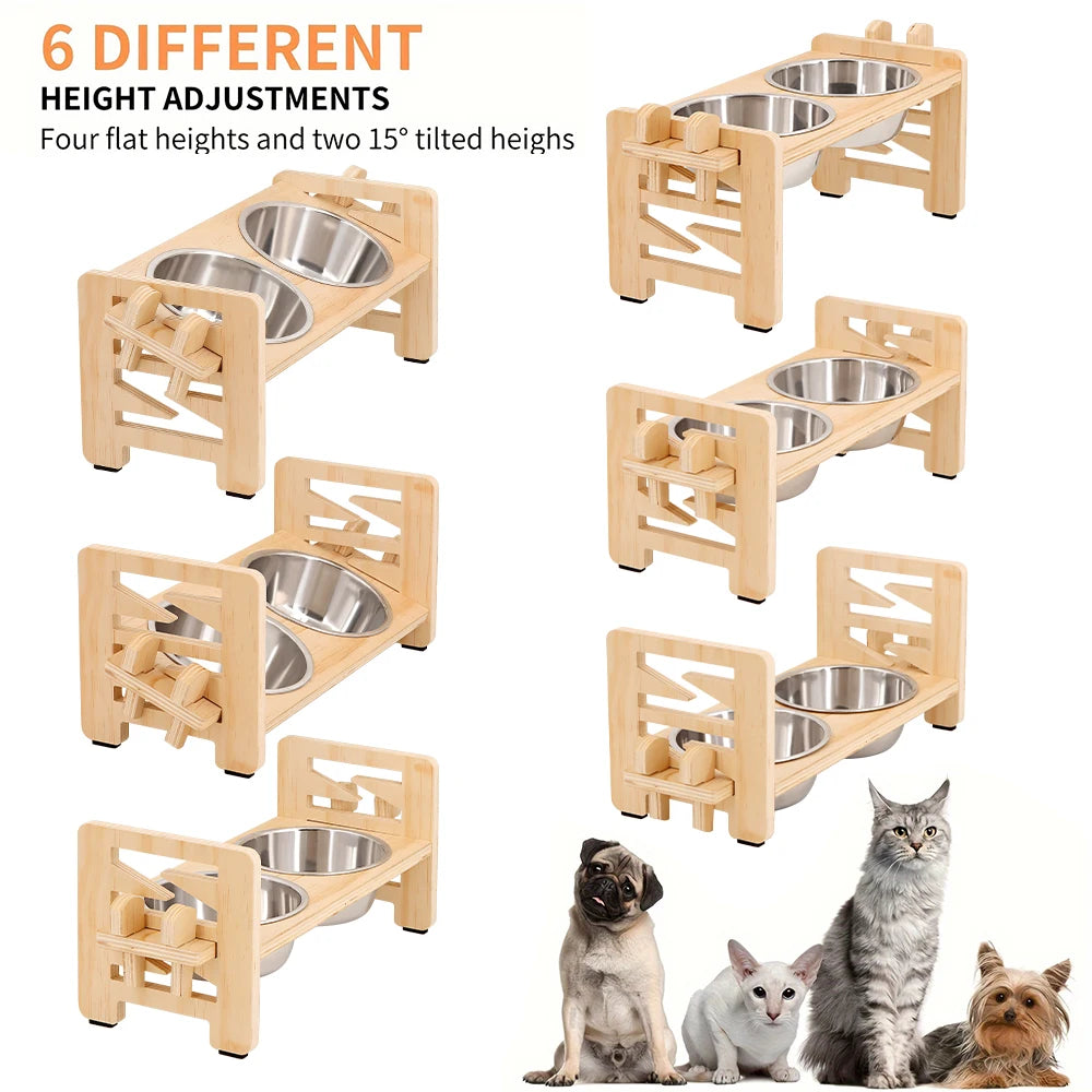 Elevated Adjustable Dog & Cat Bowls with Tilted Feeder Stand