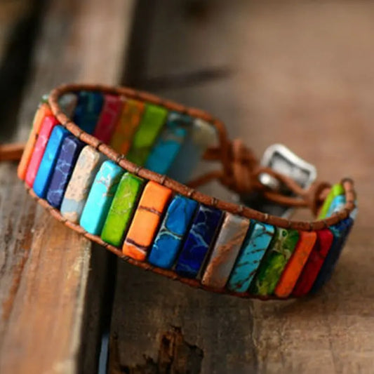 Bohemian 7 Chakra Healing Bracelet – Multicolor Emperor Stone & Leather Rope Woven Bangle